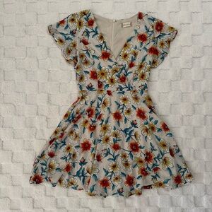 Altar'd State Flutter Sleeve Mini Sundress, Red Orange Yellow Floral, Small
